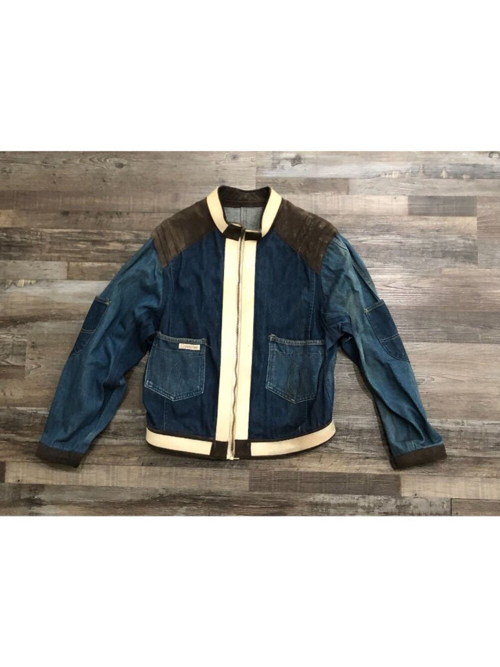 Vintage Calvin Klein Denim Jacket with Brown Leather Accents Size Medium
